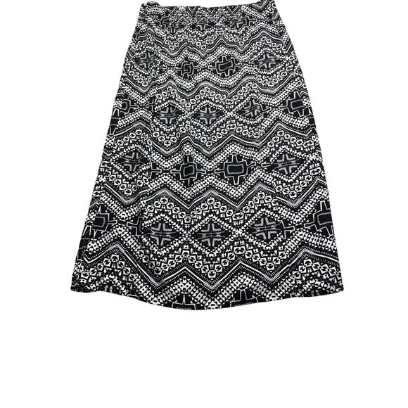 Express Straight Midi Skirt Black White Geometric Pattern M Side Slit Smocked - Picture 6 of 9